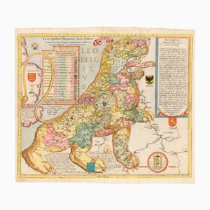 Ecce antiguo, Quibus Hispaniar. Rex Philipp. Mapa de Bélgica (el primer Leo Belgicus) de Michael Eytzinger, 1587