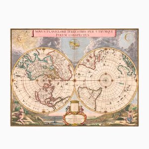 Antique Double Hemisphere Map of the World on a Polar Projection by J. Blaeu, 1695