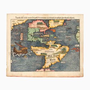 Antique First Map of the Continent of America by Sebastian Munster, 1558
