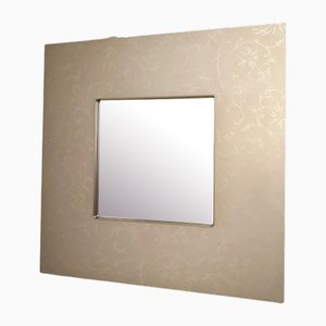 Postmodern Square Wall Mirror with Taupe Frame & Floral Motifs, Italy, 1980s