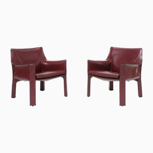 Oxblood Red Leather Cab 414 Armchairs by Mario Bellini for Cassina, 1980s, Set of 2