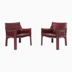 Set of Oxblood Red Leather Cab 414 Armchairs by Mario Bellini for Cassina, 1980s