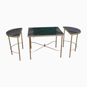 Black Glass and Gilt Brass Coffee Tables, France, 1950s, Set of 3