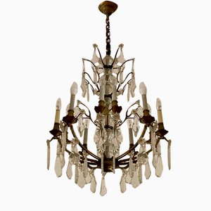10-Light Chandelier in Bronze and Cut Crystal, Early 20th Century