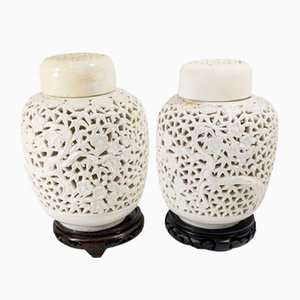 Early 20th Century Chinese Blanc De Chine Dehua Reticulated Ginger Jars, 1920s, Set of 2