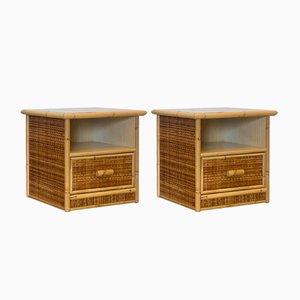 Wicker and Bamboo Bedside Tables, 1980s, Set of 2