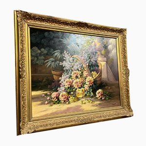 Louis Lartigau, Basket of Flowers Placed in a Park, Late 1800s, Oil on Canvas, Framed