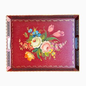 French Metal Tray Painted with Flowers, 1960s