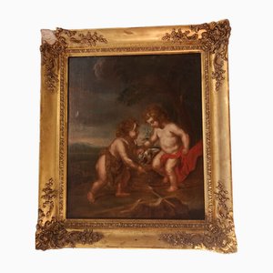 Barocker Künstler, Kinder mit Lamm, 1800er, Öl auf Holz, Gerahmt
