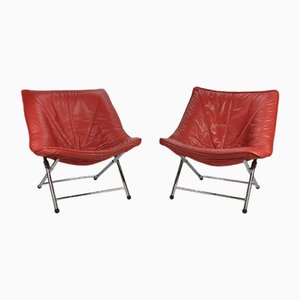 Red Leather Folding Chairs attributed to Teun Van Zanten for Molinari, 1970s, Set of 2