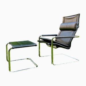 Sedia a sbalzo Bauhaus in pelle con poggiapiedi di Heinrich Pfalzberger, set di 2