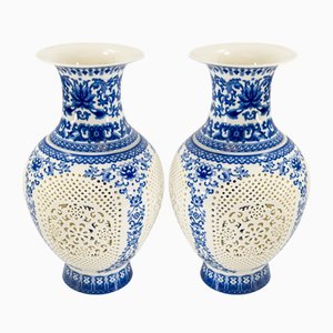Chinese Blue and White Reticulated Vases, Set of 2