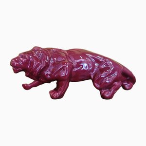 French Art Deco Red Glazed Ceramic Statue of a Lion, 1930s