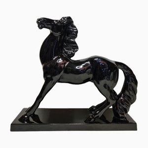 French Art Deco Black Glazed Ceramic Statue of a Horse by Charles Lemanceau, 1930s