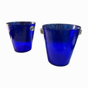 Vinotecas modernistas de cristal de Murano azul y amarillo al estilo de Venini, años 80. Juego de 2
