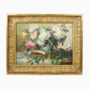 Gabrielle Millioud Mellay, Peonies and Cherries Still Life, 1800s, Oil on Canvas, Framed