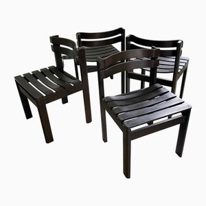 Dark Brown Wooden Slat Chairs, 1970s, Set of 4