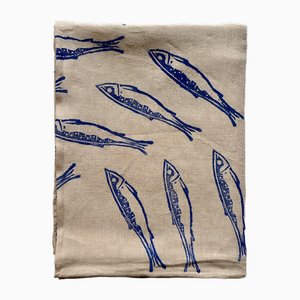 Sardines - Pure Chambray Linen Tablecloth Printed in Blue with a Large Shoal (Aka Bait Ball) of Sardines