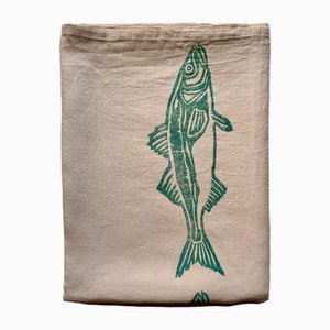 Robalo - Pure Linen Tablecloth Printed in a Repetitive Minimalist Pattern with Teal Sea Bass