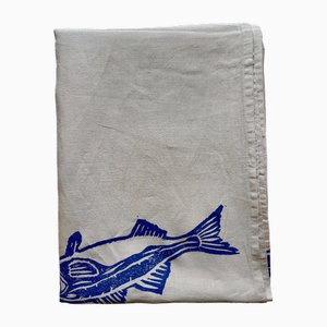 Robalo - Pure Linen Tablecloth Printed in a Very Intense Blue with a Big School of Sea Bass