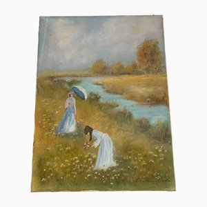 Mujeres en el prado recogiendo flores, década de 1800, óleo sobre lienzo