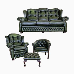 Chesterfield Living Room Set in Green Leather, 1970s, Set of 4