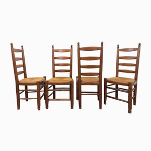 Vintage Brutalist Dining Chairs in Wood and Straw by Charles Dudouyt, 1960s, Set of 4