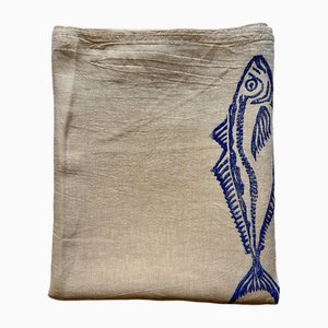 Carapau - Pure Linen Tablecloth Printed with Blue Horse Mackerels in a Random Pattern