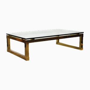 Brass Metal Rectangular Coffee Table with Glass Top attributed to David Hicks, 1970s