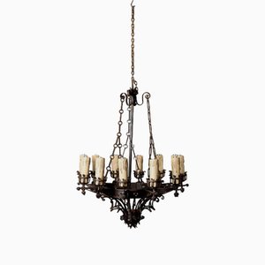 Antique Neo-Gothic Style Chandelier in Wrought Iron, 20th Century