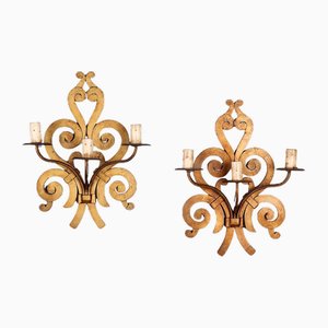 Antique Wall Lamps in Gilded Iron, Italy, 20th Century, Set of 2