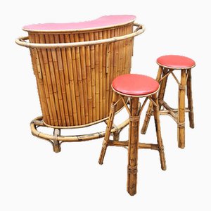 Vintage Curved Rattan & Bamboo Cocktail Bar, 1960s