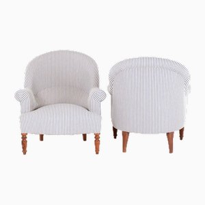 Blue Ticking Crapaud Armchairs, Set of 2