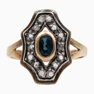 Vintage Ring in 18k Yellow Gold and Silver with Sapphire and Diamond Rosettes