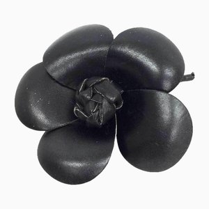 Camellia Corsage Brooch in Black Leather from Chanel