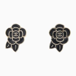 Camellia Light Gold Black Metal Model Coco Mark Earrings from Chanel, Set of 2