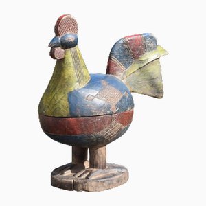 Scatola grande con gallo in legno dipinto a mano, arte popolare
