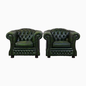 English Green Cowhide Chesterfield Armchairs, Set of 2