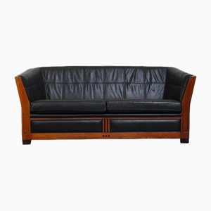 Art Deco Black Leather and Wood 2-Seater Sofa