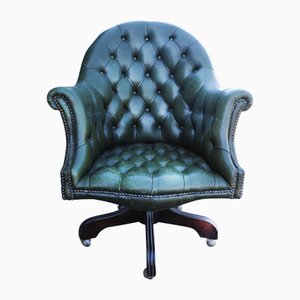 Racing Green Leather Button Back Chesterfield Swivel Desk Chair, 1970s