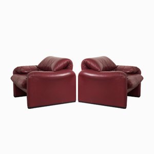 Maroon Leather Maralunga Armchairs by Vico Magistretti for Cassina, Set of 2