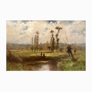 Gustave Eugène Castan, Personnages au bord de l'étang, Oil on Wood, Framed