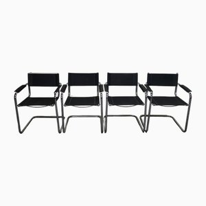 Chromed Metal and Leather Armchairs, 1970s, Set of 4