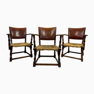 Oak Armchairs with Rush and Leather Seats, 1940s, Set of 3