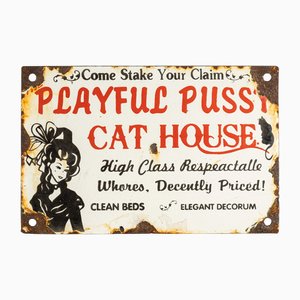 20th Century Playful Pussy Cat House Enamel Sign, 1950s