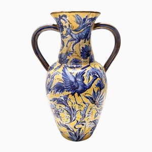 Vintage Handmade Yellow and Blue Glazed Ceramic Amphora Vase by Zulimo Aretini, Italy, 1950s
