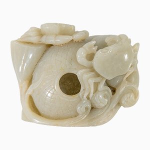 20th Century Chinese Carved Celadon Green Nephrite Jade Group with Crabs and Lotus, 1970s