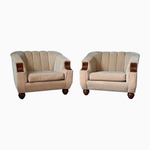 Bohemian Club Armchairs in Beige Velvet and Wood, 1930s, Set of 2