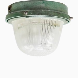 Vintage French Industrial Green Cast Iron and Clear Cut Glass Flush Mount from Holophane