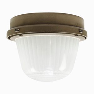 Vintage French Industrial Beige Cast Iron and Frosted Cut Glass Flush Mount from Holophane